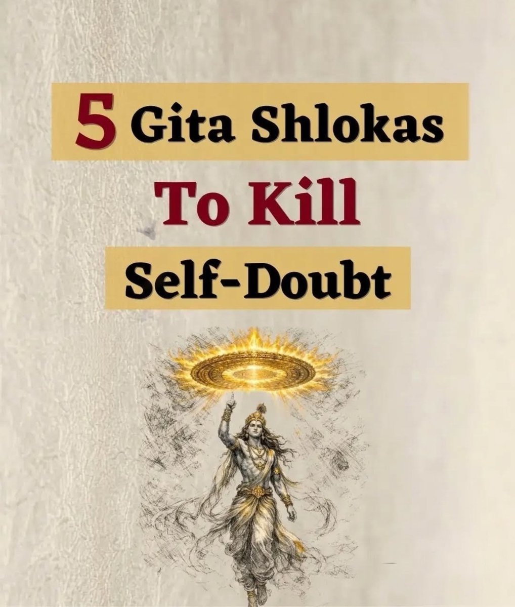 Krishnavallabhi's tweet photo. The greatest battle Arjuna fought wasn't against warriors—it was against self-doubt.

Shri Krishna's answer is as powerful today as it was on the battlefield.

Here are 5 Bhagavad Gita shlokas everyone should read 🧵👇 https://t.co/1Jr9VOG8gZ