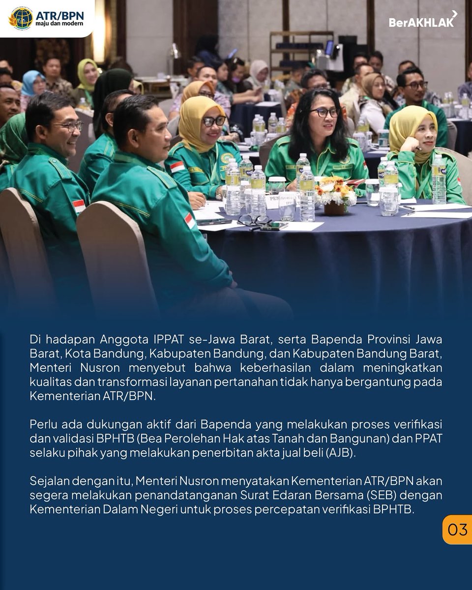 KantahBPP's tweet photo. Menteri Agraria dan Tata Ruang/Kepala Badan Pertanahan Nasional (ATR/BPN), Nusron Wahid, mengajak mitra kerja, khususnya Anggota IPPAT Provinsi Jawa Barat dan pemerintah daerah (Pemda) Provinsi Jawa Barat melalui Bapenda.
Reposted from @kementerian.atrbpn https://t.co/nvXLchy9pY