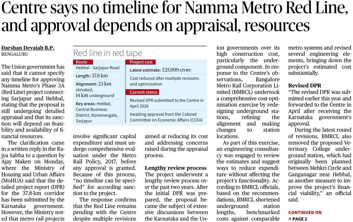 Maheshbr4U's tweet photo. ■In a Shocking dev.& display of anti-#Bengaluru/#Karnataka , Centre has refused to give timeine for #Bengaluru Metro 3A approval, vide reply to MP Sri @ajaymaken Parliament question.
■#Bengaluru which gives yearly ₹110000 Cr in GST aone to Centre, is not getting critical Metro project for Just about ₹2000 Cr (10% cost).
■ Karnataka MPs , especially 19 NDA MPs, including Ministers @JoshiPralhad ,  @ShobhaBJP , @VSOMANNA_BJP , @hd_kumaraswamy & MPs @Tejasvi_Surya @PCMohanMP @DrCNManjunath, need to push this. 
■From Karnataka/Bengaluru Money,  Metro Projects, idling Airports & NH Highways are funded in North, but in return we are not even getting peanuts.
■ Minister @mlkhattar please take a strict action on anti Karnataka Beauracrats.
📸: @the_hindu , @DarshanDevaiahB