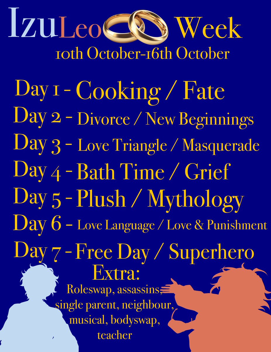 IzuleoWeek2025's tweet photo. I am excited to announce Izuleo Week will be held from Saturday 10th October to Friday 16th October! The prompts and rules have been listed below!

However, this year comes with a twist. There are extra prompts for this year’s Izuleo Week! https://t.co/AqTnPuO2nY
