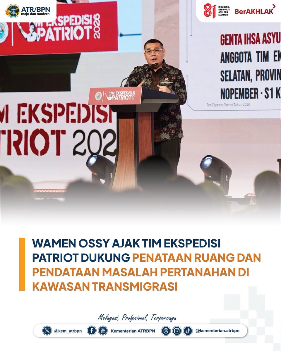 KantahBPP's tweet photo. Wamen ATR/Waka BPN, Ossy Dermawan, mengajak peserta Ekspedisi Patriot 2026 berkontribusi mendukung penataan ruang dan penyelesaian persoalan pertanahan di kawasan transmigrasi. 
Reposted from @kementerian.atrbpn https://t.co/FyTu8kFKEx