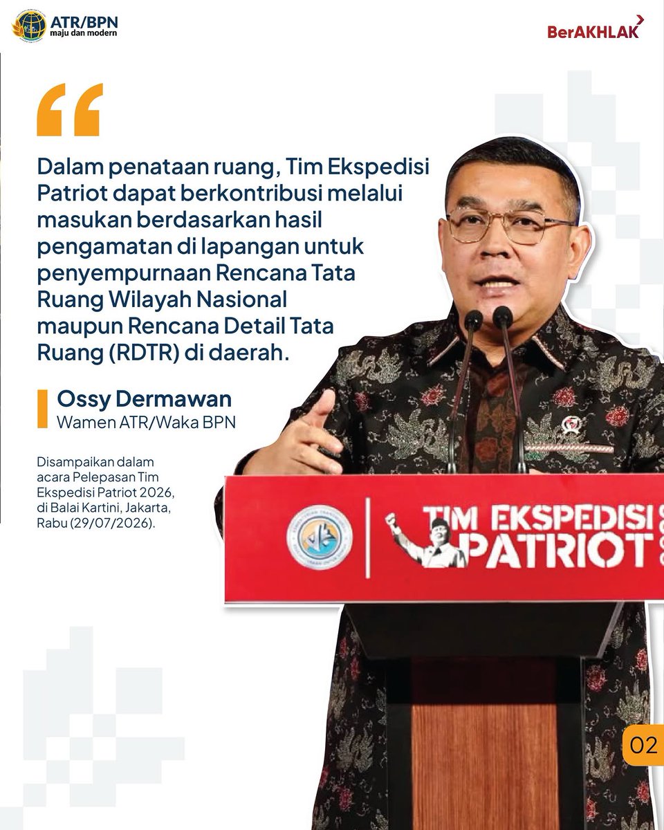 KantahBPP's tweet photo. Wamen ATR/Waka BPN, Ossy Dermawan, mengajak peserta Ekspedisi Patriot 2026 berkontribusi mendukung penataan ruang dan penyelesaian persoalan pertanahan di kawasan transmigrasi. 
Reposted from @kementerian.atrbpn https://t.co/FyTu8kFKEx