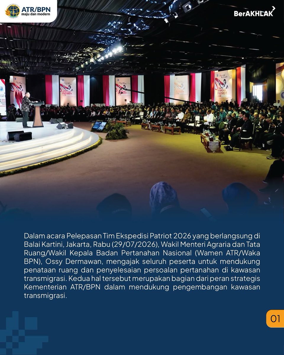 KantahBPP's tweet photo. Wamen ATR/Waka BPN, Ossy Dermawan, mengajak peserta Ekspedisi Patriot 2026 berkontribusi mendukung penataan ruang dan penyelesaian persoalan pertanahan di kawasan transmigrasi. 
Reposted from @kementerian.atrbpn https://t.co/FyTu8kFKEx