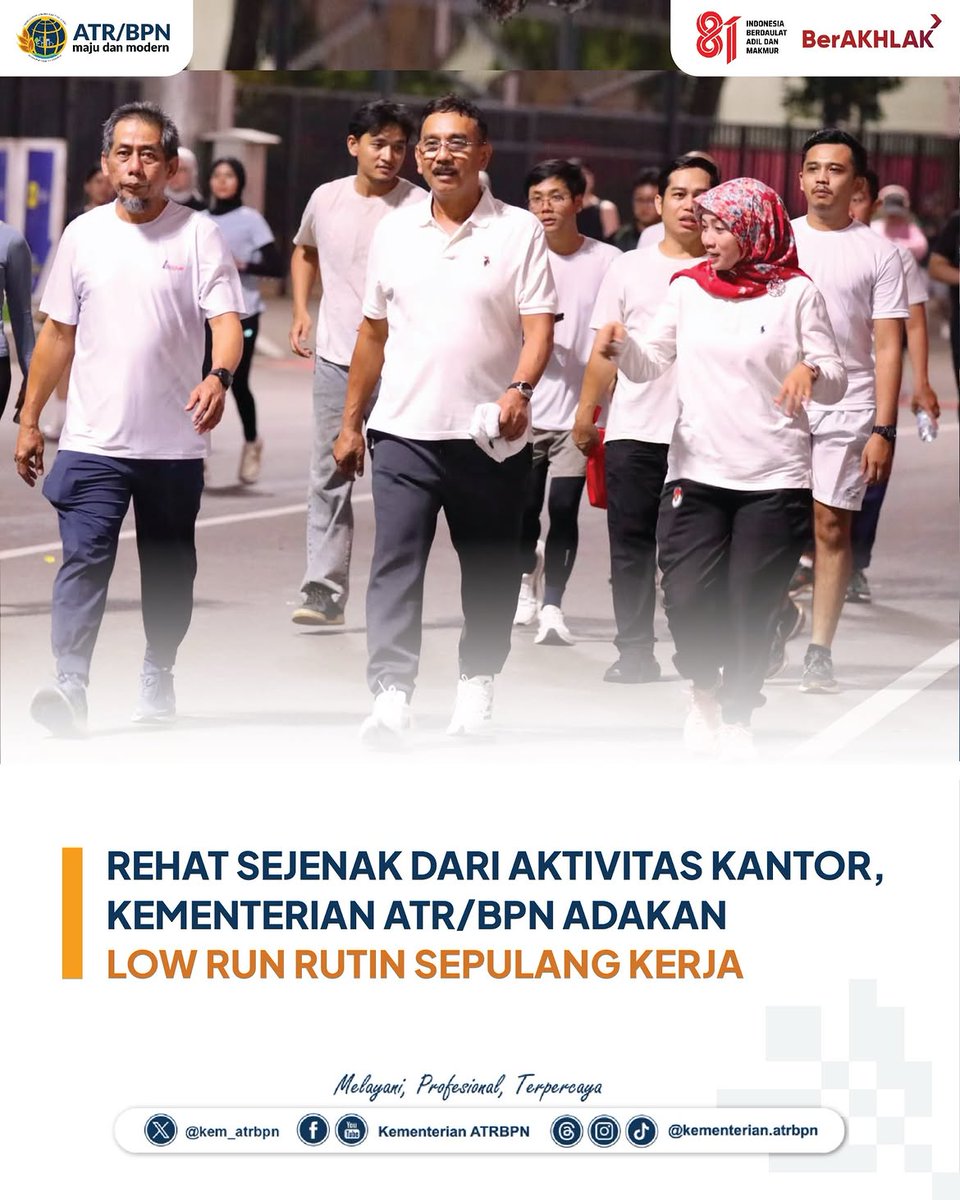 KantahBPP's tweet photo. Kementerian ATR/BPN memulai agenda rutin “Slow Run ATR/BPN” yang dilaksanakan setiap Selasa sepulang kerja di kawasan Gelora Bung Karno (GBK), Senayan, Jakarta. Kegiatan perdana diadakan pada Selasa (28/07/26) 
Reposted from @kementerian.atrbpn https://t.co/ZVYDz9zA4S