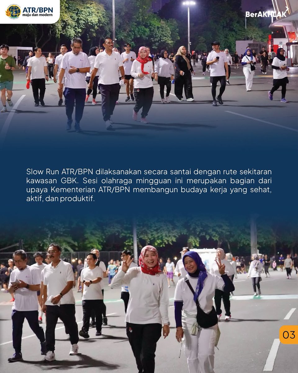 KantahBPP's tweet photo. Kementerian ATR/BPN memulai agenda rutin “Slow Run ATR/BPN” yang dilaksanakan setiap Selasa sepulang kerja di kawasan Gelora Bung Karno (GBK), Senayan, Jakarta. Kegiatan perdana diadakan pada Selasa (28/07/26) 
Reposted from @kementerian.atrbpn https://t.co/ZVYDz9zA4S