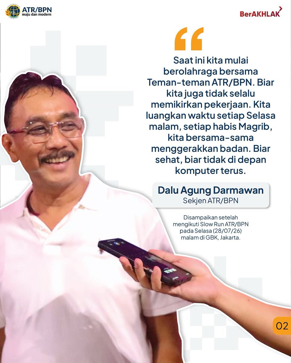 KantahBPP's tweet photo. Kementerian ATR/BPN memulai agenda rutin “Slow Run ATR/BPN” yang dilaksanakan setiap Selasa sepulang kerja di kawasan Gelora Bung Karno (GBK), Senayan, Jakarta. Kegiatan perdana diadakan pada Selasa (28/07/26) 
Reposted from @kementerian.atrbpn https://t.co/ZVYDz9zA4S