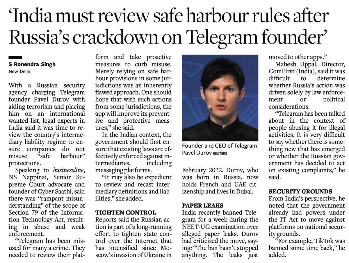TheMinuend's tweet photo. Safe Harbour Rule has been the root cause all along, enabling SM platforms to push deepfakes & anti-IND narratives with legal protection. It's like an anti-responsibility act protecting SMs & messaging apps from user-generated content.

While Telegram is part of the issue, it presents an opportunity to tighten SHR across the board, including Meta.