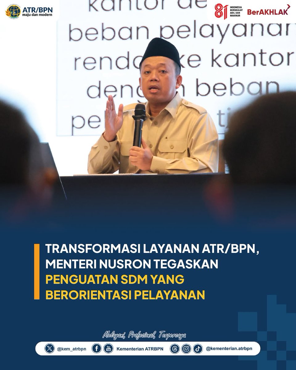 KantahBPP's tweet photo. Menteri ATR/BPN, Nusron Wahid, mengingatkan seluruh jajaran untuk menjadikan pelayanan bagi masyarakat sebagai orientasi kerja di tengah transformasi layanan pertanahan yang dilakukan.
Reposted from @kementerian.atrbpn https://t.co/c628XCfwWQ