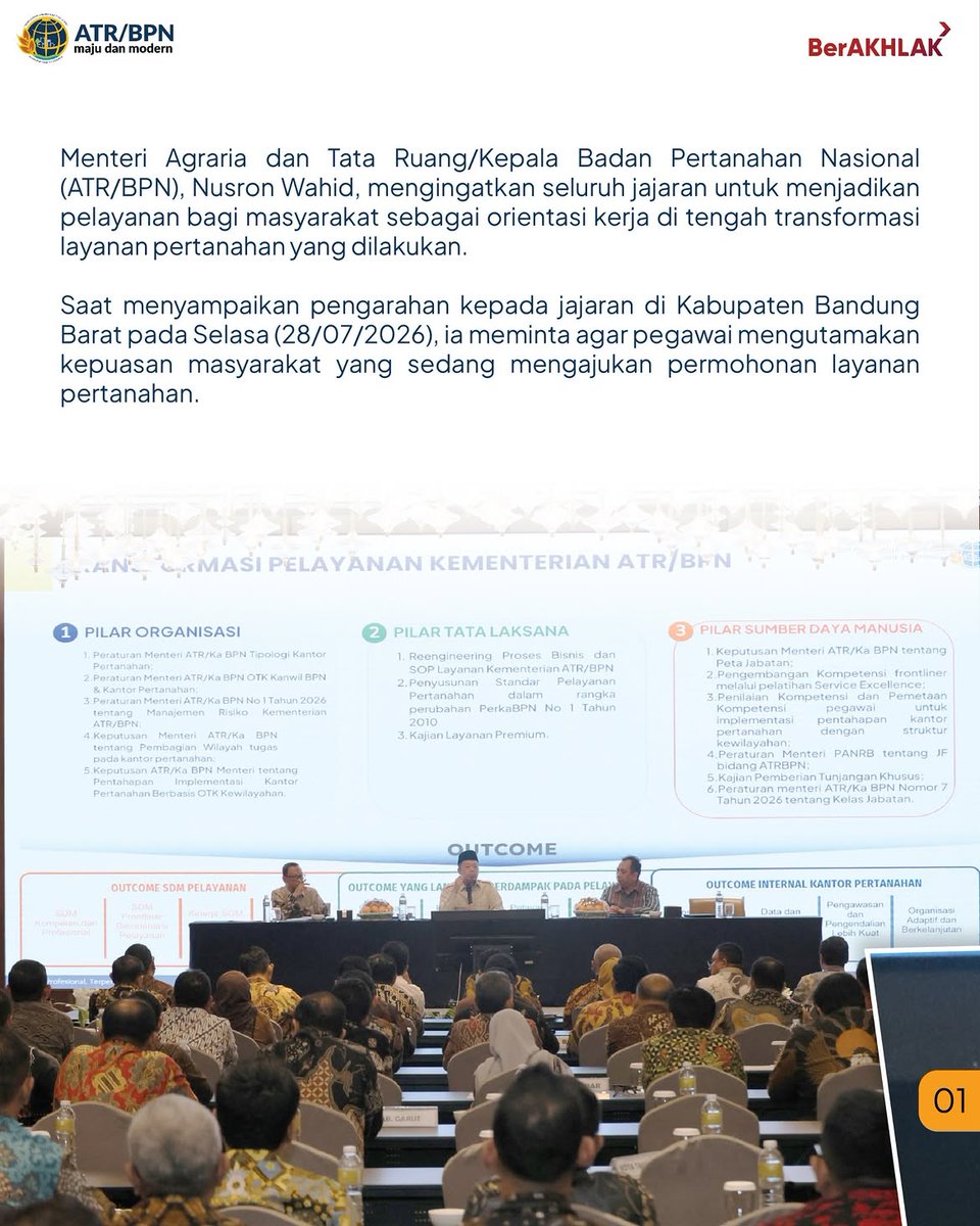 KantahBPP's tweet photo. Menteri ATR/BPN, Nusron Wahid, mengingatkan seluruh jajaran untuk menjadikan pelayanan bagi masyarakat sebagai orientasi kerja di tengah transformasi layanan pertanahan yang dilakukan.
Reposted from @kementerian.atrbpn https://t.co/c628XCfwWQ