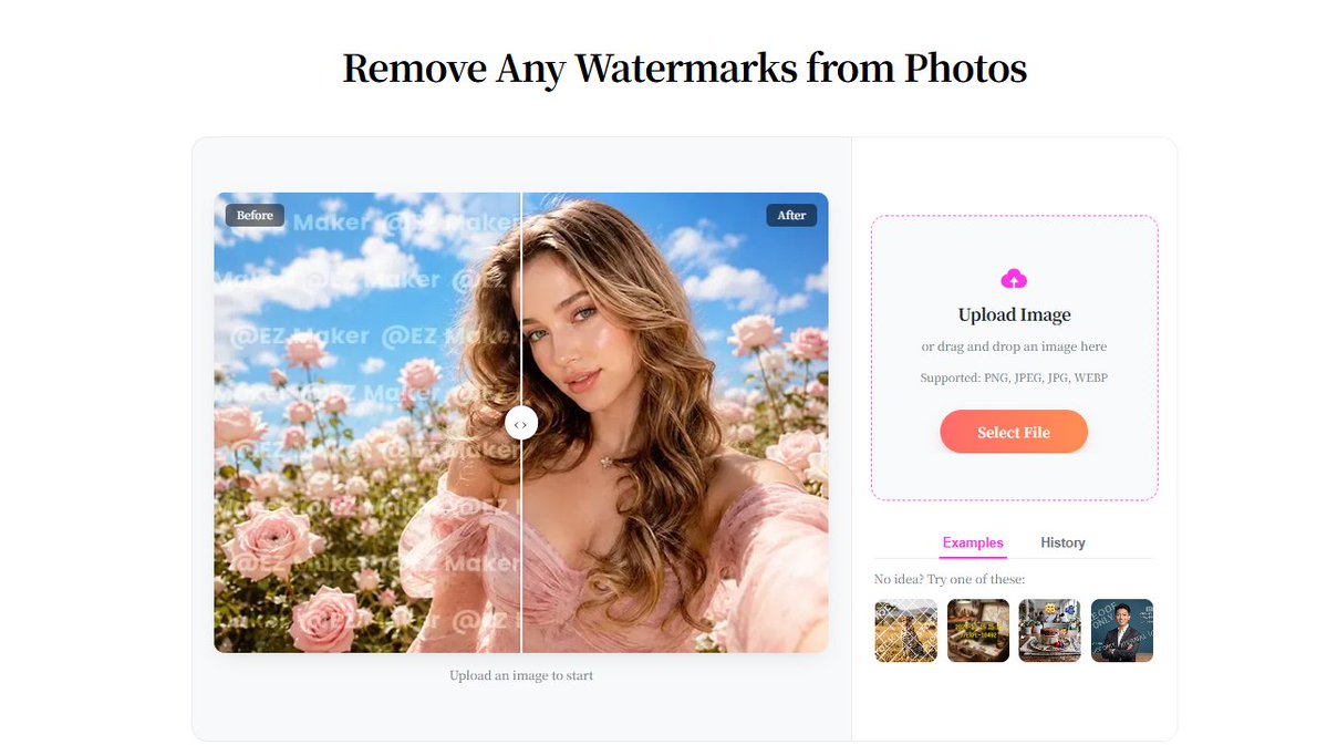 EzMakerAI's tweet photo. Clean images in seconds.

Remove unwanted watermarks, text, logos, and distractions with AI-powered editing.

No Photoshop. No complicated tools.

Just highlight what you don’t need — and let AI do the magic.
https://t.co/Nx1eN0zoab https://t.co/bLFI7YHMCT