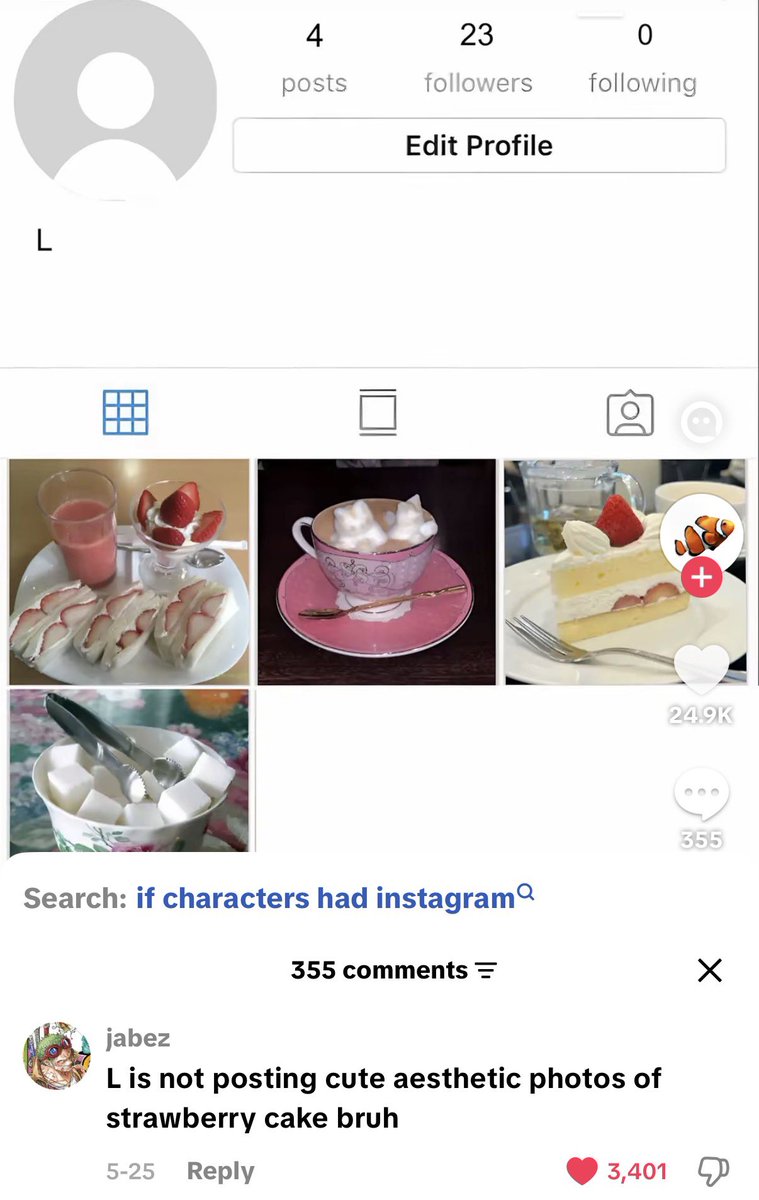 akihikoful's tweet photo. The concept of L Lawliet having 23 followers on Instagram with “L” as his bio I’m actually crying. The concept of him having one in the first place and POSTING https://t.co/JODfGkrW6b