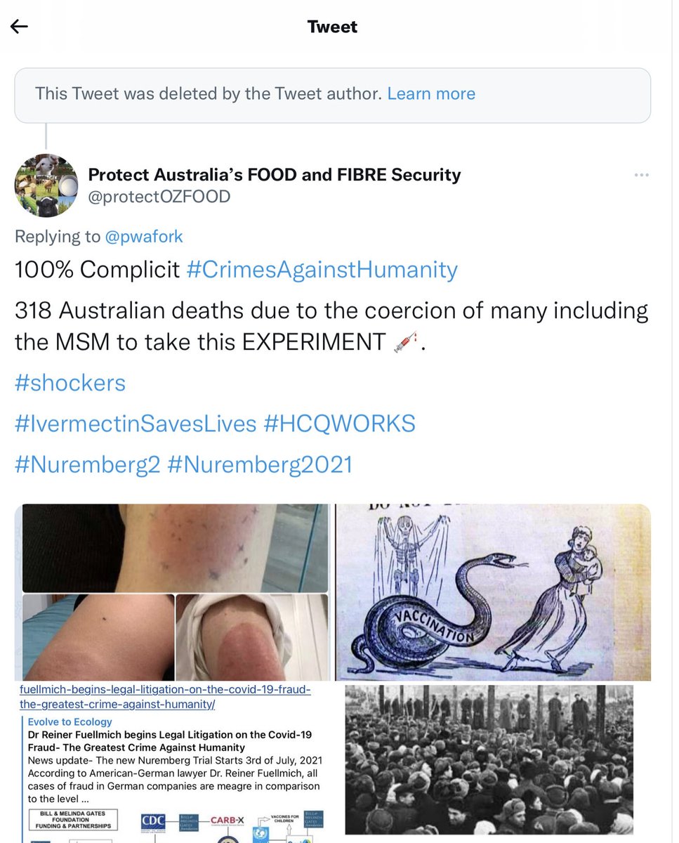 protectOZFOOD's tweet photo. @pwafork Wow! This coming from you, the poison ππpusher who then went on to cowardly deleting your most β οΈ ππ pushing posts
You will be in prison along side the rest of the #CorruptedMob #CrimesAgainstHumanity https://t.co/FrDK7Fo1iF