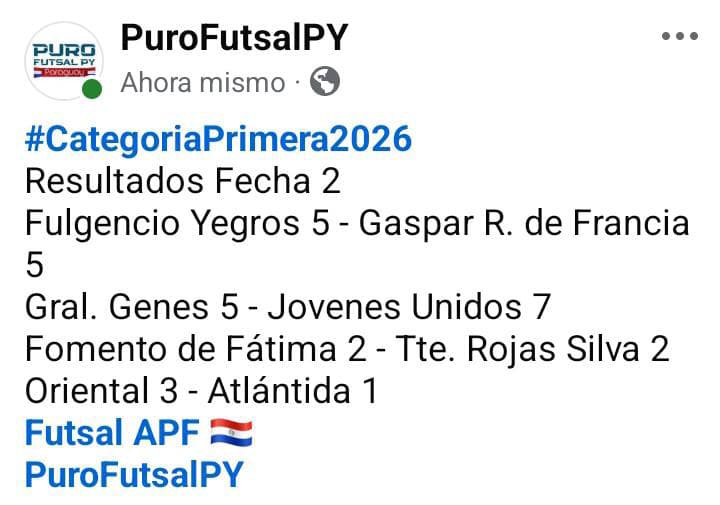 purofutsal_py's tweet photo. #CategoriaPrimeraFutsal2026
Resultados Fecha 2 https://t.co/G626jsTHwr