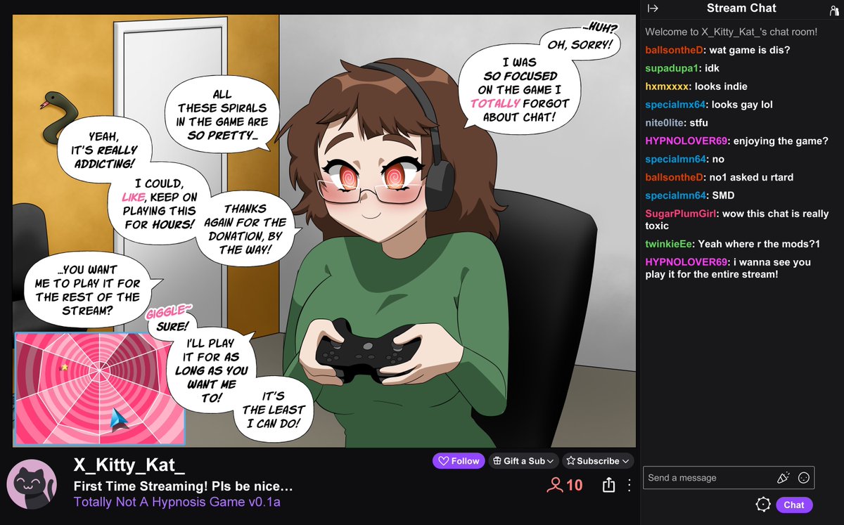 4Headboiii's tweet photo. POV you decided to check out a new, obscure streamer and find a nerdy looking girl playing a weird game youve never seen before...🤓

she seems almost entranced by it tho~~😵‍💫

as the stream goes on, she starts giggling more, and her voice gets flirtier~😘

would you follow~?😳 https://t.co/cFMKkSrp9j