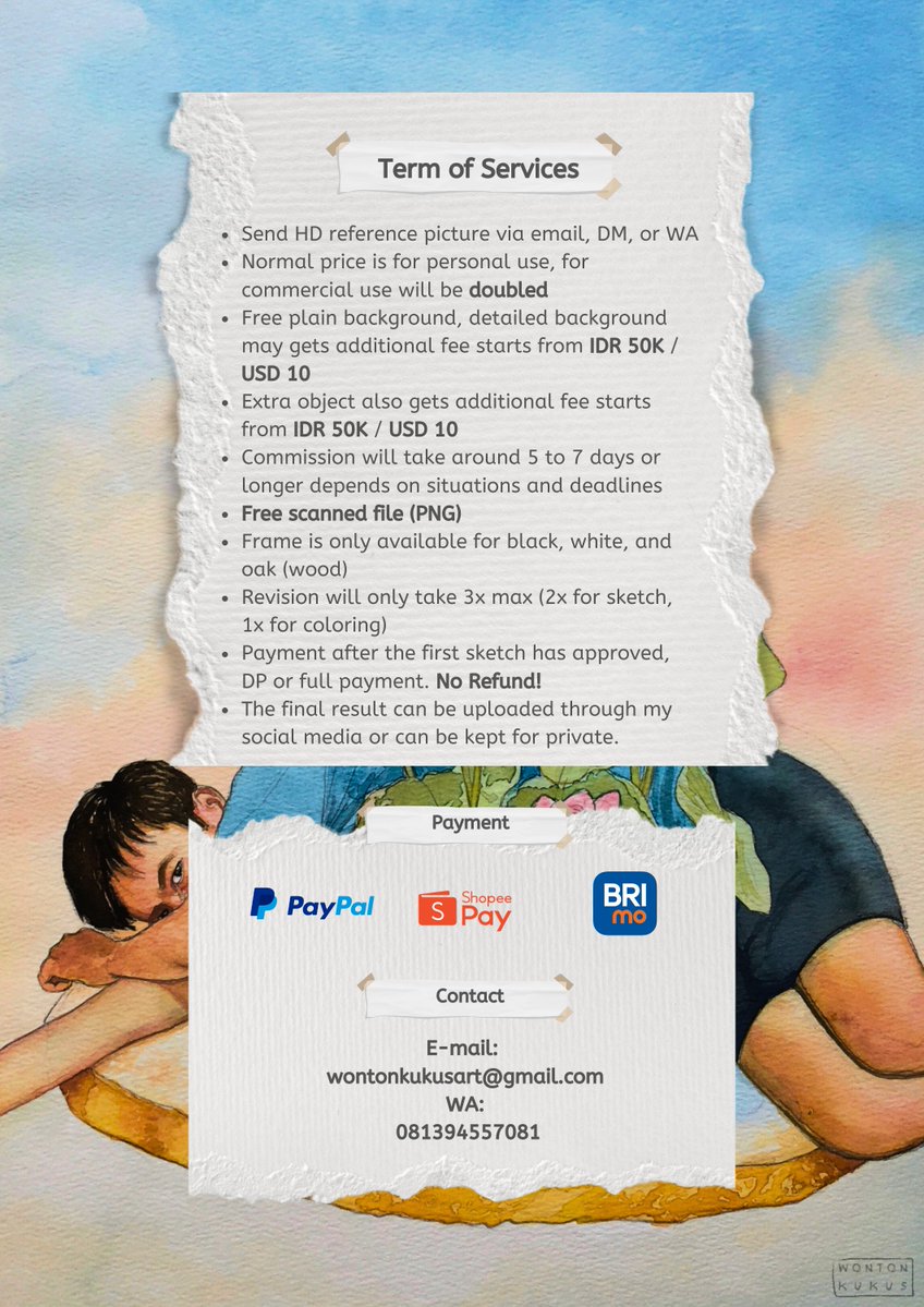 wontonkukus's tweet photo. hai! ✨

batch agustus sudah dibuka dan tersedia untuk 5 slot ya, serta khusus untuk merayakan HUT RI akan ada promo bingkai A4 gratis sampai tanggal 17! 🎉

untuk pemesanan/pertanyaan bisa melalui DM atau WA yg tertera. yuk pesan dan klaim promonya sekarang sebelum kehabisan! 🫶🏻 https://t.co/pOtmbDgz2q