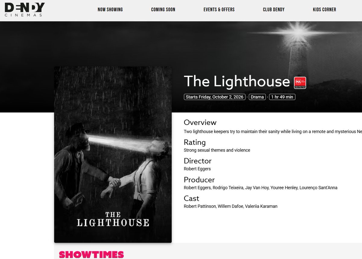 RPAustralia's tweet photo. Hey Aussies - .@DendyCinemas is screening The Lighthouse at 9pm on 2 October 2026 - check out if it's playing at your local Dendy  - https://t.co/dPxaSMEn68 https://t.co/OruieDQ1Fb