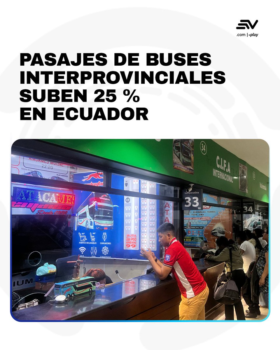 EcuavisaInforma's tweet photo. 🔴 #ATENCIÓN 📌 Los pasajes de los buses interprovinciales e intraprovinciales en Ecuador subieron un 25 %, de acuerdo con una resolución emitida por la ANT. 🚨 Aunque el alza debía regir desde el 1 de agosto, varias cooperativas ya aplican las nuevas tarifas en distintas rutas del país. 📲 https://t.co/onui8wmumV