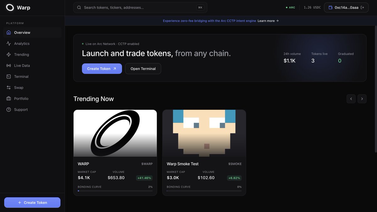circlewarp's tweet photo. We are live on mainnet.

Launch and trade tokens on @arc with native USDC settlement. Zero deploy fee. Fair launch only. Liquidity auto-migrates to WarpDex at $69K and LP is burned permanently.

Our Official Token:
ca: 0x384c60f98ecd4c26345499345c03d677e40f115e

The portal is open. https://t.co/cCwpNAYOUz