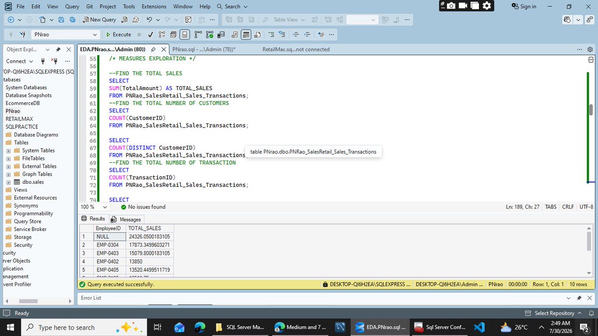 umoses11's tweet photo. Current project: Retail Sales Exploratory Data Analysis using SQL.  Exploring the data, validating assumptions, and preparing for deeper business insights. Every query gets me one step closer to becoming a better data analyst. 
DROPPING SOON!!! https://t.co/s41PwfipNK