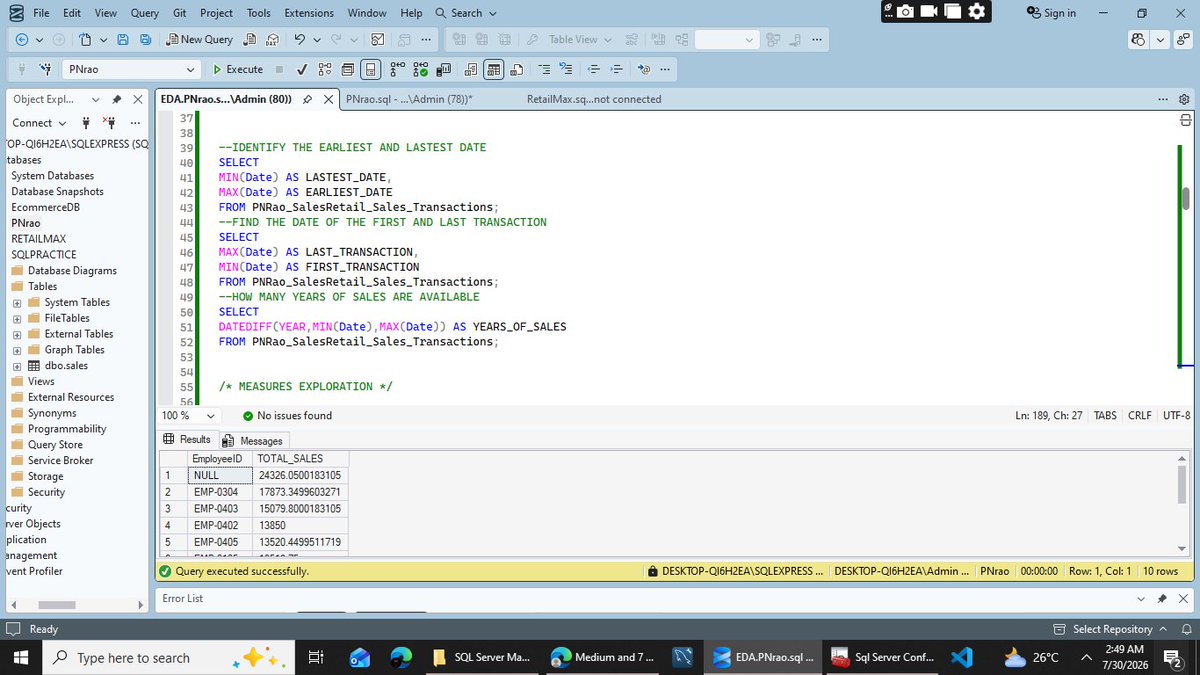 umoses11's tweet photo. Current project: Retail Sales Exploratory Data Analysis using SQL.  Exploring the data, validating assumptions, and preparing for deeper business insights. Every query gets me one step closer to becoming a better data analyst. 
DROPPING SOON!!! https://t.co/s41PwfipNK
