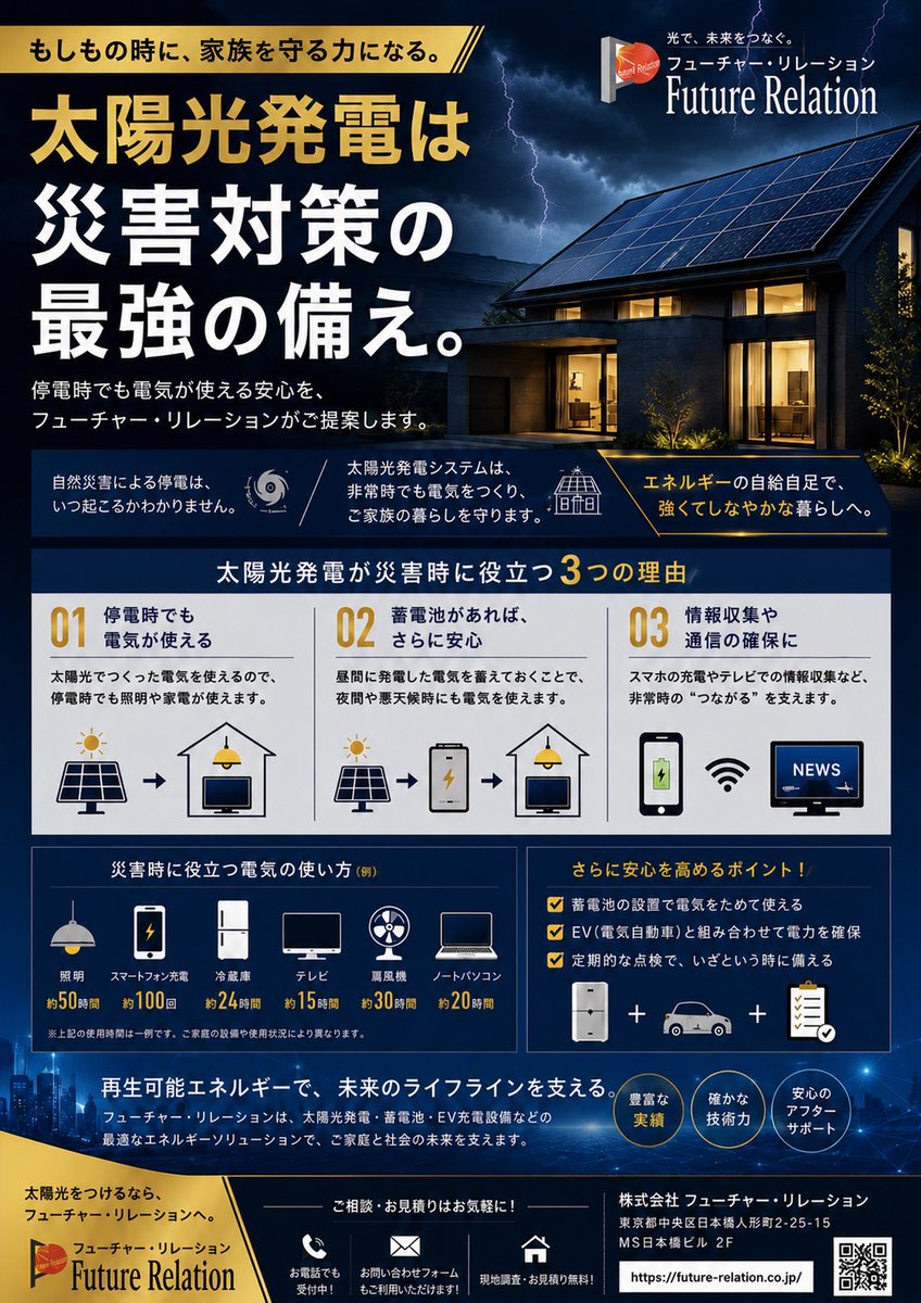 futurekun_'s tweet photo. #太陽光発電 #蓄電池 #EV充電 #災害対策 #停電対策 #防災 #再生可能エネルギー #フューチャーリレーション #千葉 #エコ #安心の暮らし ☀️🏡⚡ https://t.co/06cljvWsZO