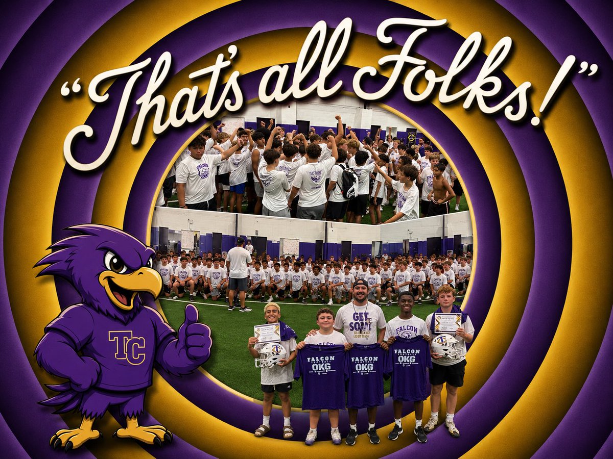 TCHSFootball's tweet photo. 🎬 That’s all, Falcons! Another incredible Rising Falcon Camp is in the books. Thank you to every camper, coach, volunteer, and family for making this week special. The future of Falcon Football is flying high. See you this fall! 🦅💜💛 #LetsEAT #Built4Flight https://t.co/u3I6Vl2NZV