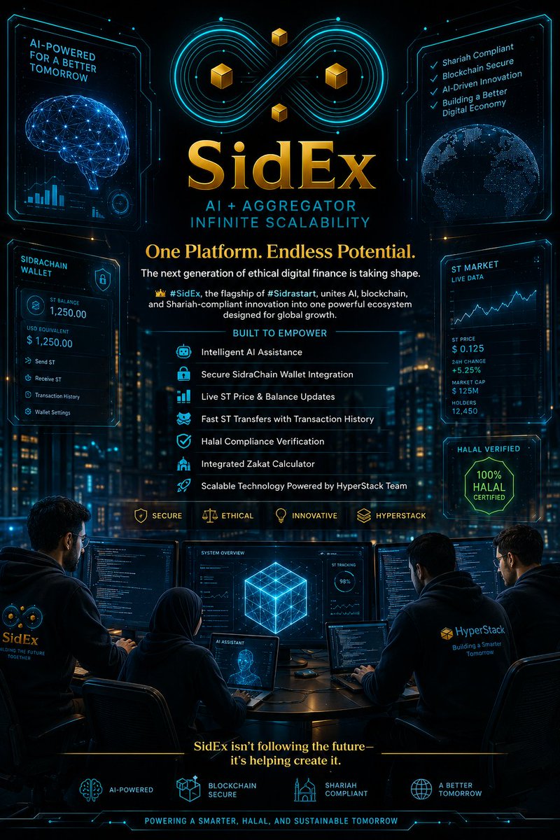 wreixidra's tweet photo. ⚡ One Platform. Endless Potential.
The next generation of ethical digital finance is taking shape.
👑 #SidEx, the flagship of #Sidrastart, unites AI, blockchain, and Shariah-compliant innovation into one powerful ecosystem designed for global growth.
Built to empower:
- 🤖 Intelligent AI assistance
- 🔐 Secure SidraChain wallet integration
- 📊 Live ST price & balance updates
- 💸 Fast ST transfers with transaction history
- ✅ Halal compliance verification
- 🕌 Integrated Zakat calculator
- 🚀 Scalable technology powered by the HyperStack Team
Every feature is engineered to deliver a smarter, more secure, and ethical digital experience.
SidEx isn't following the future—it's helping create it.
#SidEx #web3Aggregator #IslamicFinance #InfiniteScalability #HalalInnovation