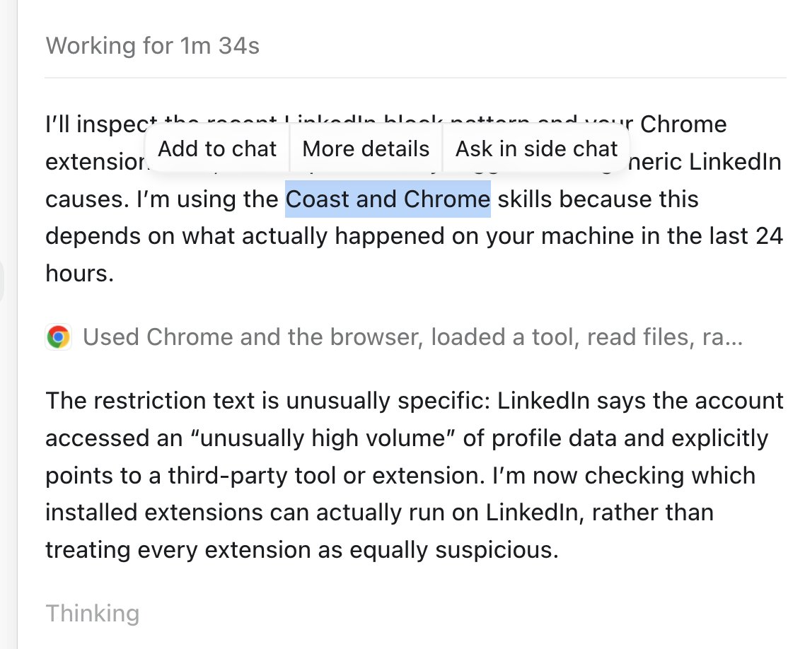 JoelHainzl's tweet photo. Codex started automatically using @attentioninc coast 🌊-> it is actually also super helpful for bug-fixing &amp; troubleshooting

the history gives so much more added context!

tx for building this @julianwindeck @aidangch https://t.co/YzdCkkv1AH