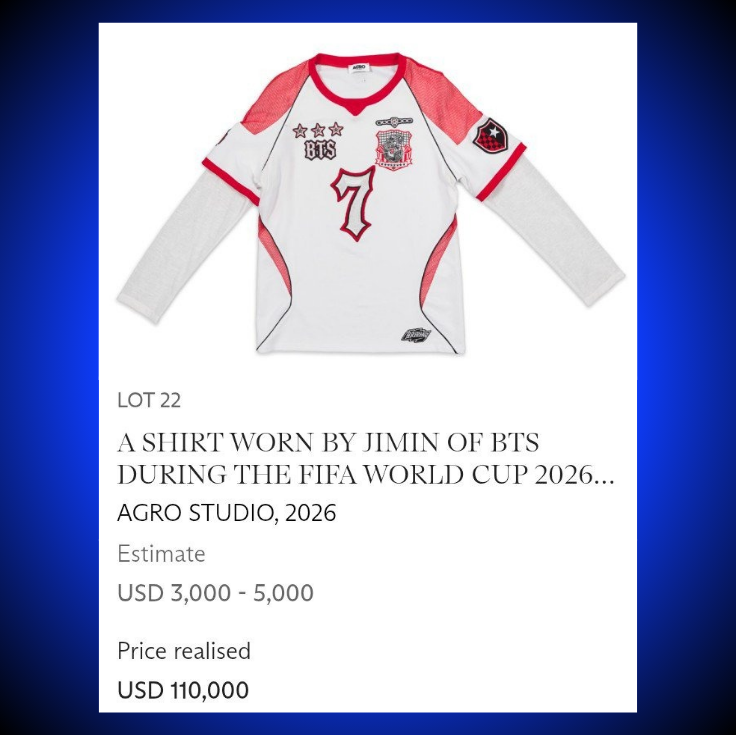 TheePopCore's tweet photo. The shirt worn by Jimin during the FIFA World Cup Final Halftime Show sold for $110,000, making it the HIGHEST-selling item in the entire auction.

— All proceeds will go to the FIFA Global Citizen Education Fund, which supports education and sports participation for children in underprivileged communities.