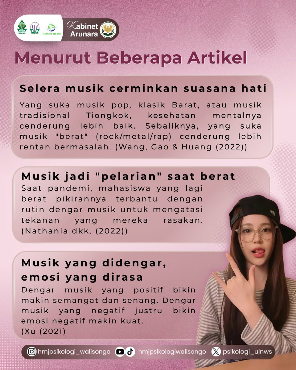 psikologi_uinws's tweet photo. Tugas, organisasi, hingga proses adaptasi membuat mahasiswa rentan mengalami stres. Yuk, kenali faktor penyebabnya dan bagaimana musik dapat membantu mengelola emosi, swipe postingan ini! 💗

Dikelola oleh
Divisi Media Informasi dan Komunikasi
HMJ Psikologi 2026
Kabinet Arunara https://t.co/WAtNa6LrQL