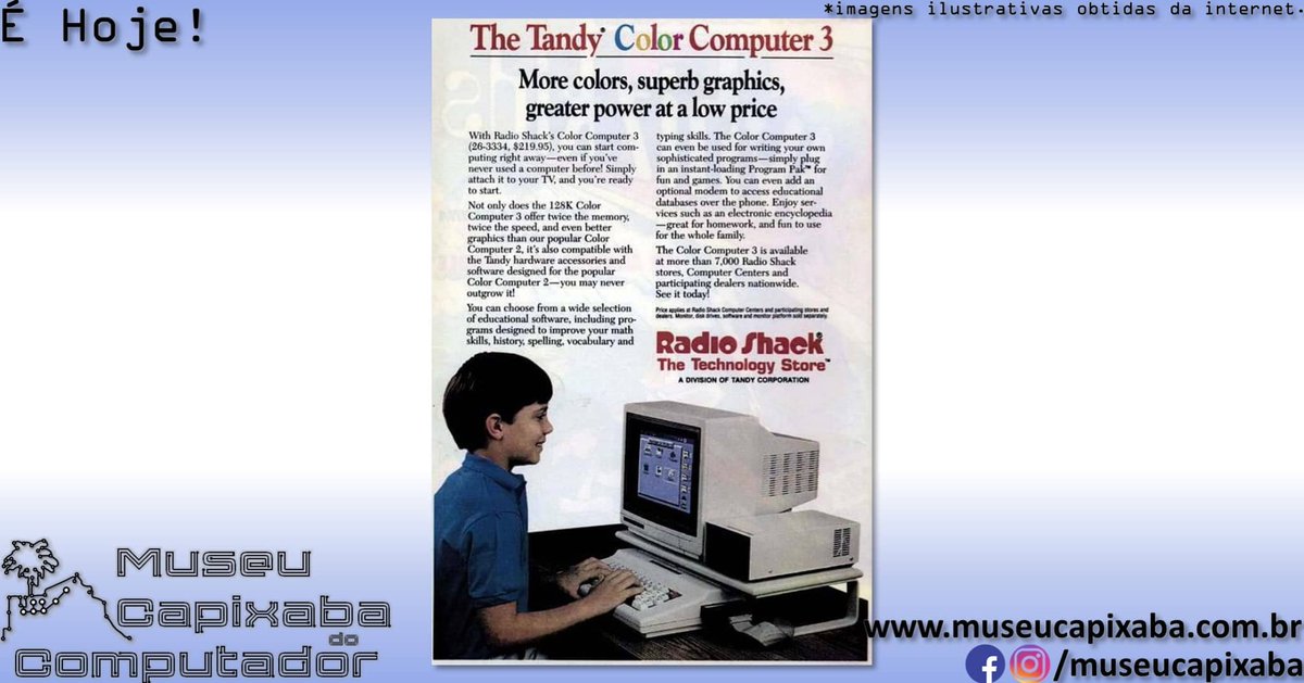 museucapixaba's tweet photo. É hoje! O computador Tandy Color Computer 3 faz 40 anos!

+em https://t.co/PHQmzHA9Ls

#MuseuCapixaba #mcc #éhoje #museu #tecnologia #retro #geek #OnThisDay #CoCo #CoCo3 #ColorComputer #RadioShack #TandyCorporation #TRSColor #TRS80 #TRS80ColorComputer #GIME #Microware #MC6809E https://t.co/orLEmzePon