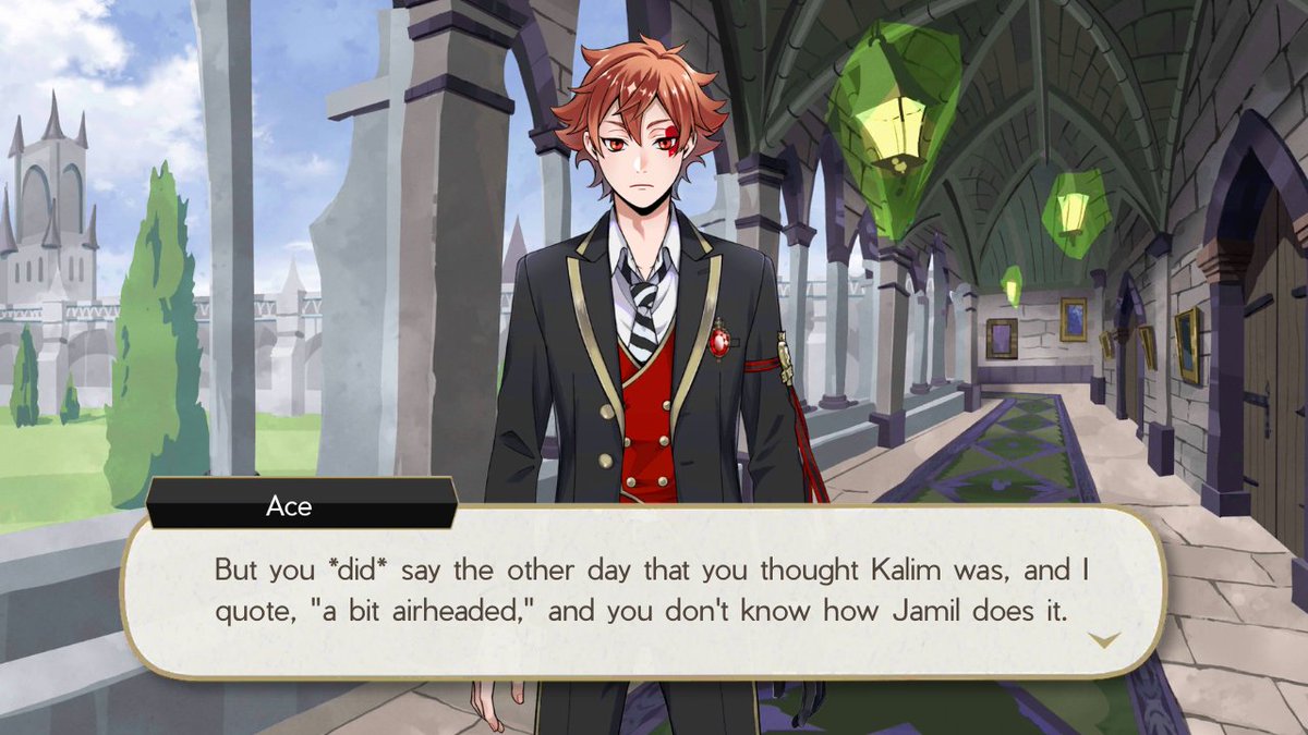 mirageof0asis's tweet photo. Riddle: What? Speak up now, if you have something to say.

Ace: Listen, what Kalim said was *way* outta line.

Ace: But you *did* say the other day that you thought Kalim was, and I quote, "a bit airheaded," and you don't know how Jamil does it.

Riddle: That was-! https://t.co/Y7aRMm4law
