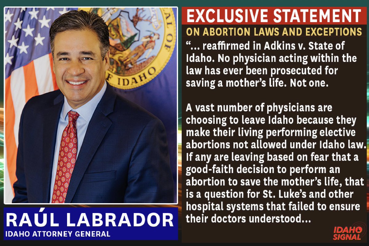 TrueMattEdwards's tweet photo. AG Raúl Labrador's office gave Idaho Signal Live an exclusive blistering statement on Prop 1 advocate's stream of misinformation about doctor's not being able to save the life of pregnant mothers. 

Please read! 
Thank you @Raul_Labrador https://t.co/ZFNoiPSeFm