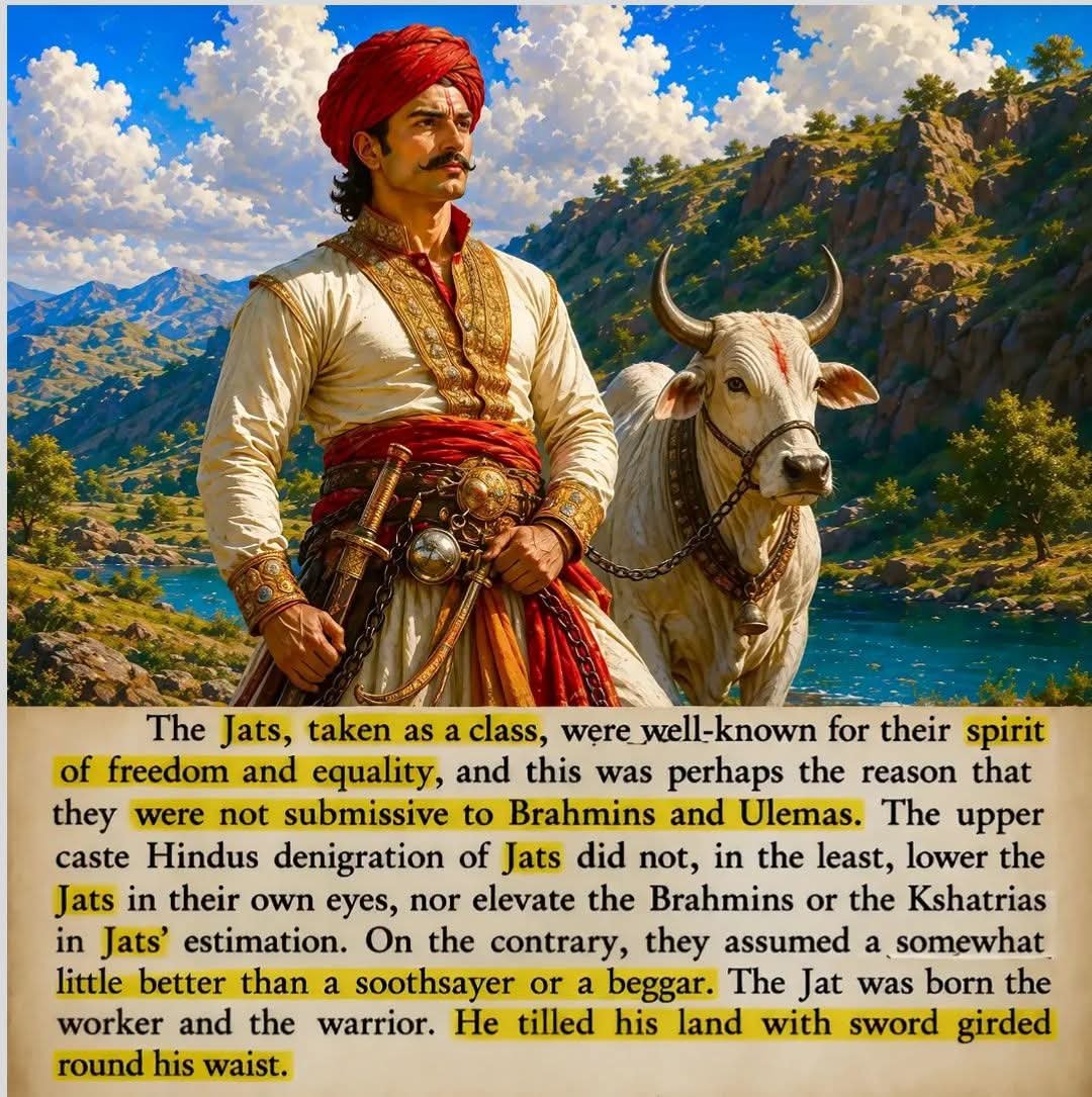 JAT_SAMAAJ's tweet photo. एक समुदाय के तौर पर जाट अपनी आज़ादी और बराबरी की भावना के लिए जाने जाते थे, और शायद यही वजह थी कि वे ब्राह्मणों और उलेमाओं के आगे झुकते नहीं थे। ऊंची जाति के हिंदुओं द्वारा जाटों को नीचा दिखाने की कोशिशों से न तो जाटों की नज़र में उनकी अपनी अहमियत कम हुई और न ही जाटों की नज़र में ब्राह्मणों का दर्जा बढ़ा। इसके उलट, वे उन्हें भविष्य बताने वाले या भिखारी से कुछ ही बेहतर समझते थे। जाट जन्म से ही मेहनती और योद्धा होते थे। वे कमर पर तलवार बांधकर खेती करते थे।
#जाट_समाज