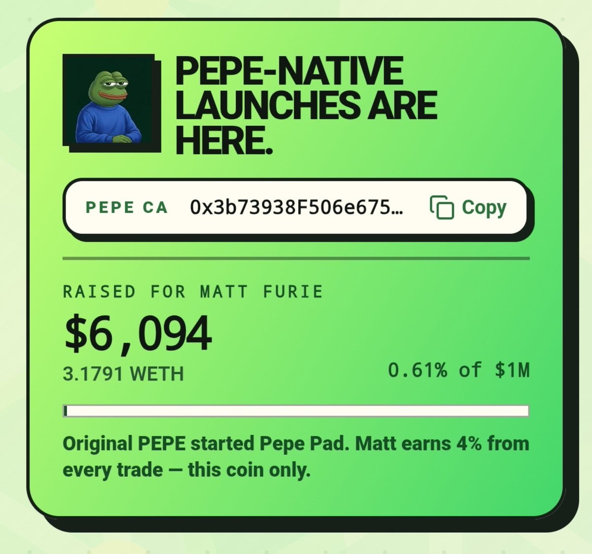 PepeonHood's tweet photo. A launch pad to honor $PEPE and @Matt_Furie 🐸 

On $HOOD to honor @vladtenev
🪶 💚 

Fun fact... If ETH 100xs from here those rewards to Matt are worth 600k USD not 6000 💰 

Run it up @VitalikButerin 💙 

Only possible on the
@Pepe_Launch_Pad ✅ https://t.co/taTuDiMzsV