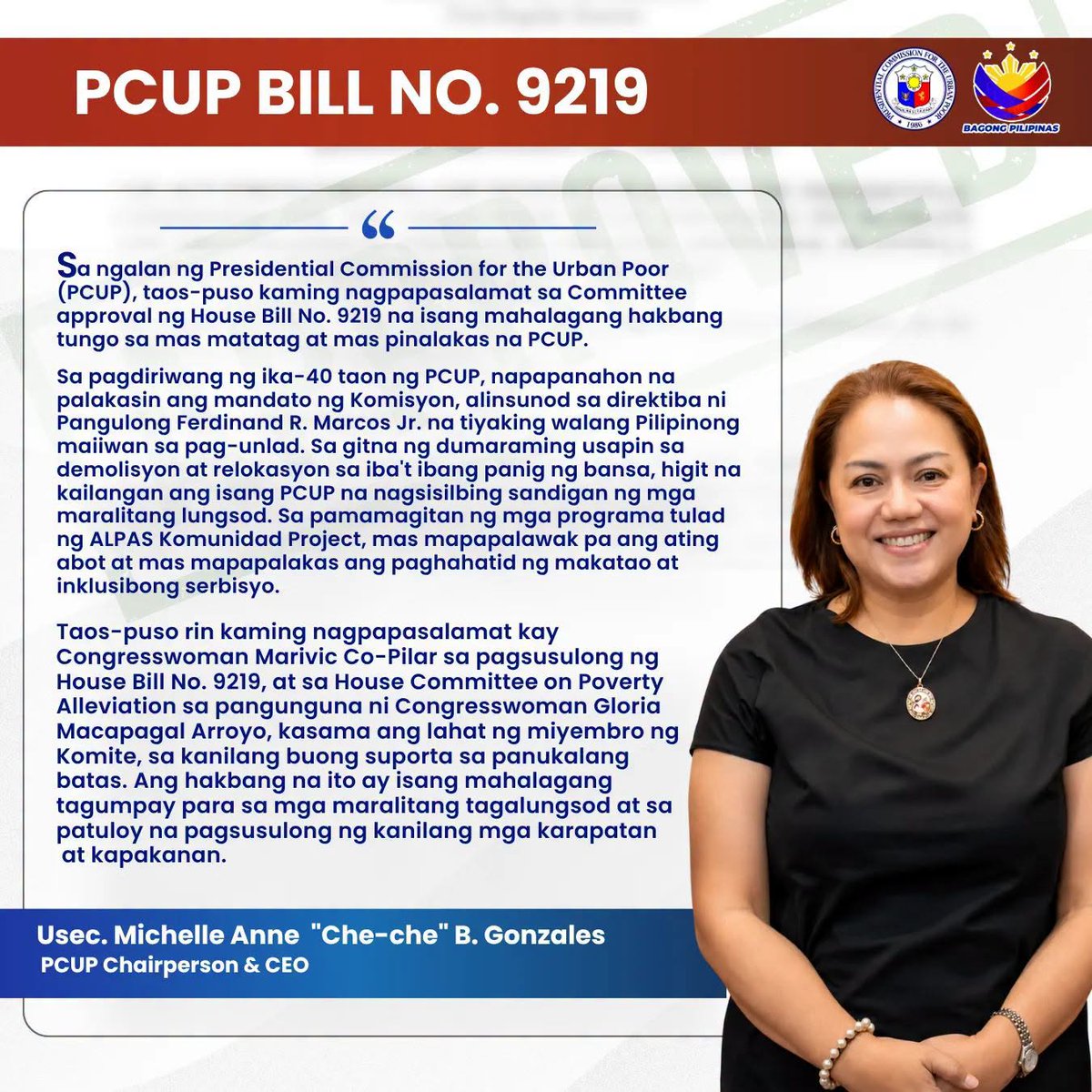 pcupgovph's tweet photo. 𝐁𝐀𝐒𝐀𝐇𝐈𝐍 | Mensahe ng pasasalamat ni PCUP Chairperson and CEO, Usec. Michelle Anne "Che-Che" B. Gonzales sa pagkaka-approve ngayong araw ng House Bill 9219 o "PCUP Strengthening Act" na akda ni Congresswoman Marivic Co-Pilar.
#PCUPBill9219
#PCUPApatNaDekada https://t.co/C4M6AAQDSJ