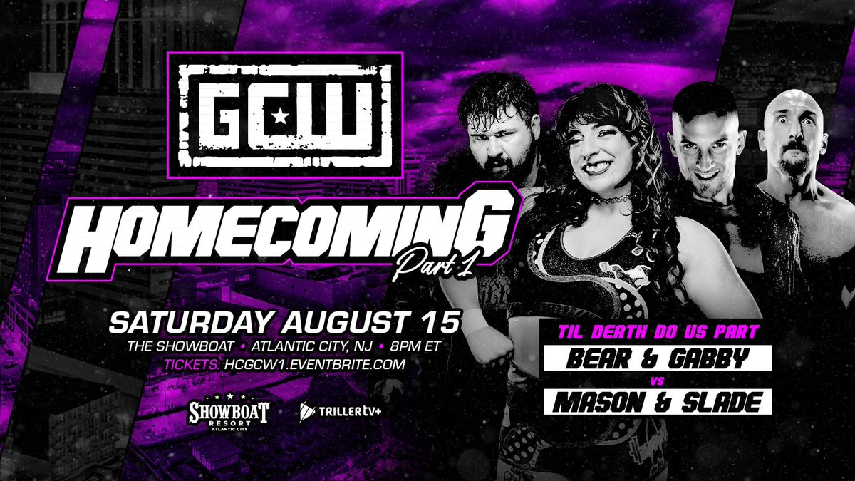 GCWrestling_'s tweet photo. *HOMECOMING UPDATE*

Just Signed for Night 1:

*Til Death Do Us Part*

BEAR &amp; GABBY
vs
MASON &amp; SLADE

Plus:
Atticus vs ?
Chola Chain: Vipress vs Napier
Gage/Nino/Sicko vs Dr/Conor/Jimmy
Bustah &amp; Brain vs KJ/Sam
Marko vs Janela
+more

Tix:

Night 1 (8/15):
https://t.co/cRWSayAmI0 https://t.co/LvS3wDdORf
