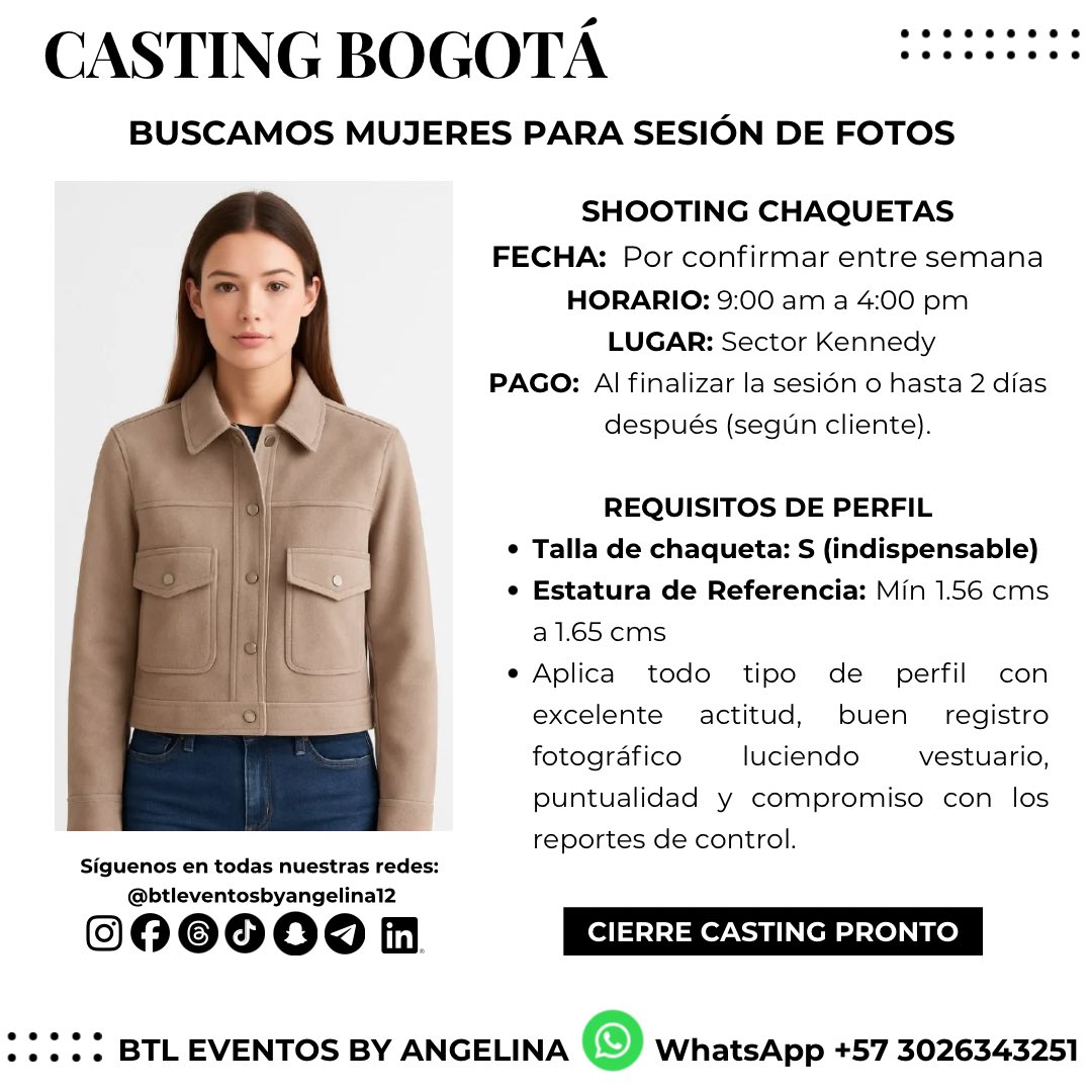 btleventoscol12's tweet photo. CASTING BOGOTÁ 
Buscamos mujeres para sesión de fotos con mucha disposición y actitud! 
#BTLEVENTOSBYANGELINA #SESIONDEFOTOS #CHAQUETAS #BOGOTA #shooting https://t.co/tYF4nFgRx2