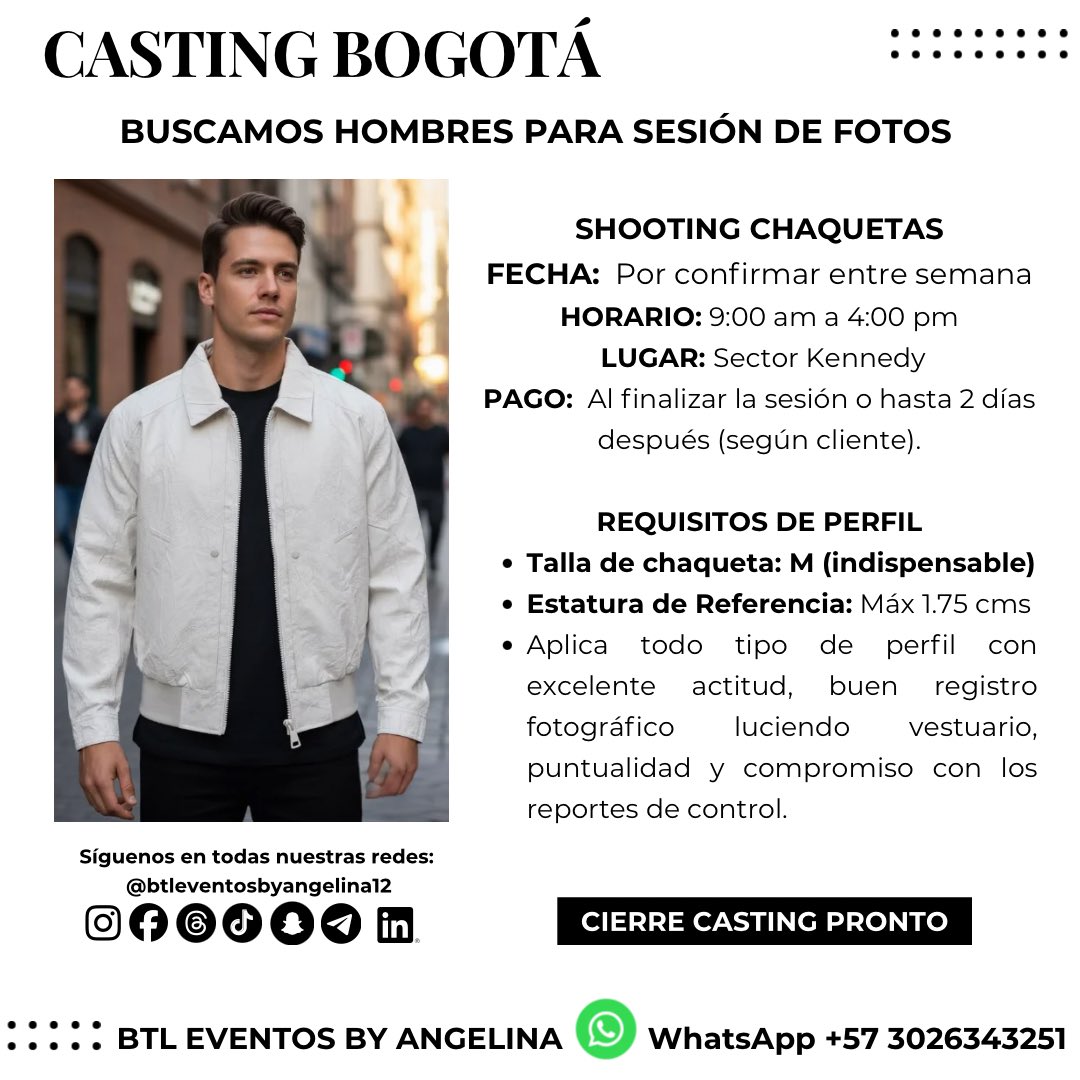 btleventoscol12's tweet photo. CASTING BOGOTÁ 
Buscamos hombres para sesión de fotos con mucha disposición y actitud! 
#BTLEVENTOSBYANGELINA #SESIONDEFOTOS #CHAQUETAS #BOGOTA #shooting https://t.co/ccnV2snur2