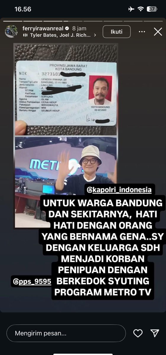 bismillahyuk_'s tweet photo. "Keluarganya Nabila Gardena, Genny, &amp; Dindra mah old money."

GONG! Bapak Kandung nya ternyata PENIPU HANDAL 🤯🔥 

Bahkan artis pun kena tipu sama dia. Salah satunya Ferry Irawan, Galih Ginanjar. Bahkan sampai gadai mobil yg difasiilitasi oleh MetroTV 🫣 https://t.co/0MgQ8REcZx