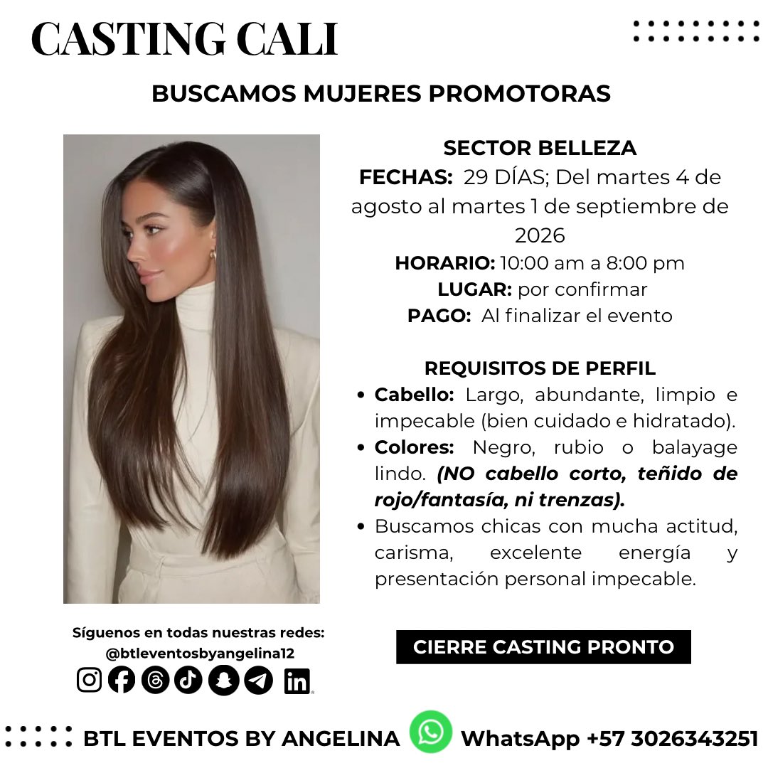 btleventoscol12's tweet photo. CASTING CALI
Buscamos mujeres  promotoras para evento de sector de belleza con disposición y actitud! 
#BTLEVENTOSBYANGELINA #PROMOTORAS #BELLEZA #CALI #BARRANQUILLA https://t.co/nVLoee9N57