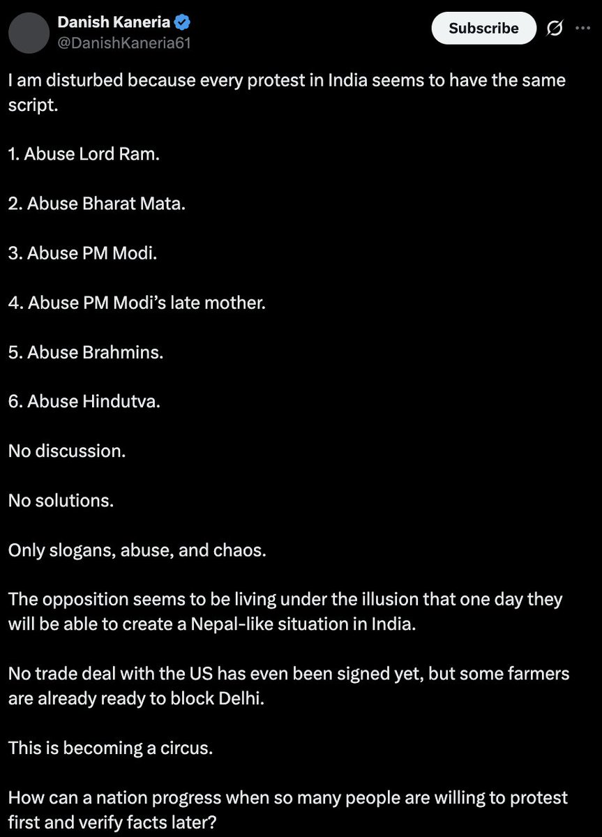 aravind's tweet photo. Do read what this former Pakistani cricketer has to say.

Hope the sensible Gen-Z (the majority), not yet radicalized by content psyops that blackpill and incite them to subvert the state, keep this as a talisman whenever they are instigated into any protest. https://t.co/R64vMAEA0o