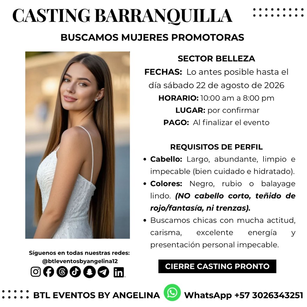 btleventoscol12's tweet photo. CASTING BARRANQUILLA
Buscamos mujeres  promotoras para evento de sector de belleza con disposición y actitud! 
#BTLEVENTOSBYANGELINA #PROMOTORAS #BELLEZA #CALI #BARRANQUILLA https://t.co/ludUdWPXvy