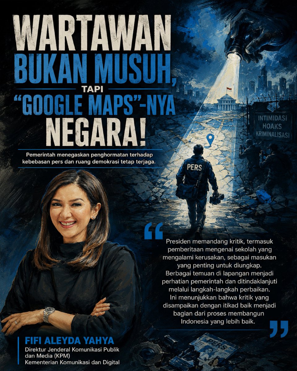 Meiraaash's tweet photo. Wartawan bukan musuh, tapi "Google Maps" negara! Kritik beritikad baik adalah panduan berharga bagi pemerintah untuk terus berbenah. #jagaindonesia #PersNasional #KritikMembangun https://t.co/O20kUdtMY8