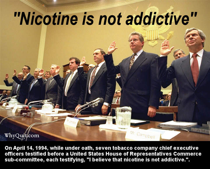 FelixDeSimone's tweet photo. In 1994, tobacco company CEOs testified under oath that they believed nicotine was not addictive.

If Altman and other CEOs testify before Congress, they will likely water down the danger and try to avoid accountability. That's why hearings are only the first step. We need laws. https://t.co/fUyW2y3oQU