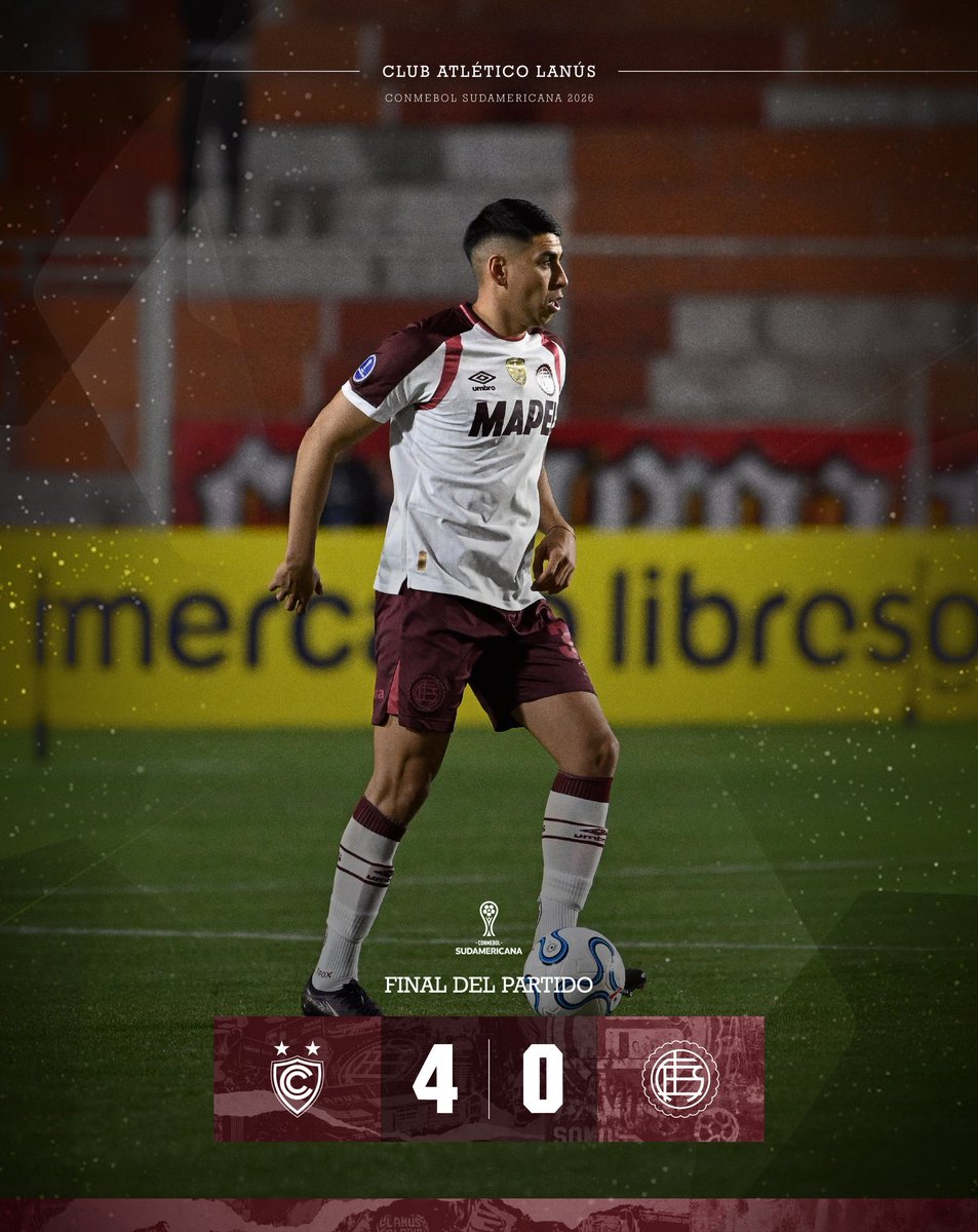clublanus's tweet photo. 45’ 2T +6 ⏱️ Final: Cienciano 4-0 Lanús

🏆 Sudamericana 2026
📌 Playoffs de Octavos de final - Vuelta
🆚 Global: Cienciano 4-2 Lanús

🔜 Instituto - LPF - Clausura 2026

#JuegaLanús 🇱🇻 https://t.co/msshUH9PkF