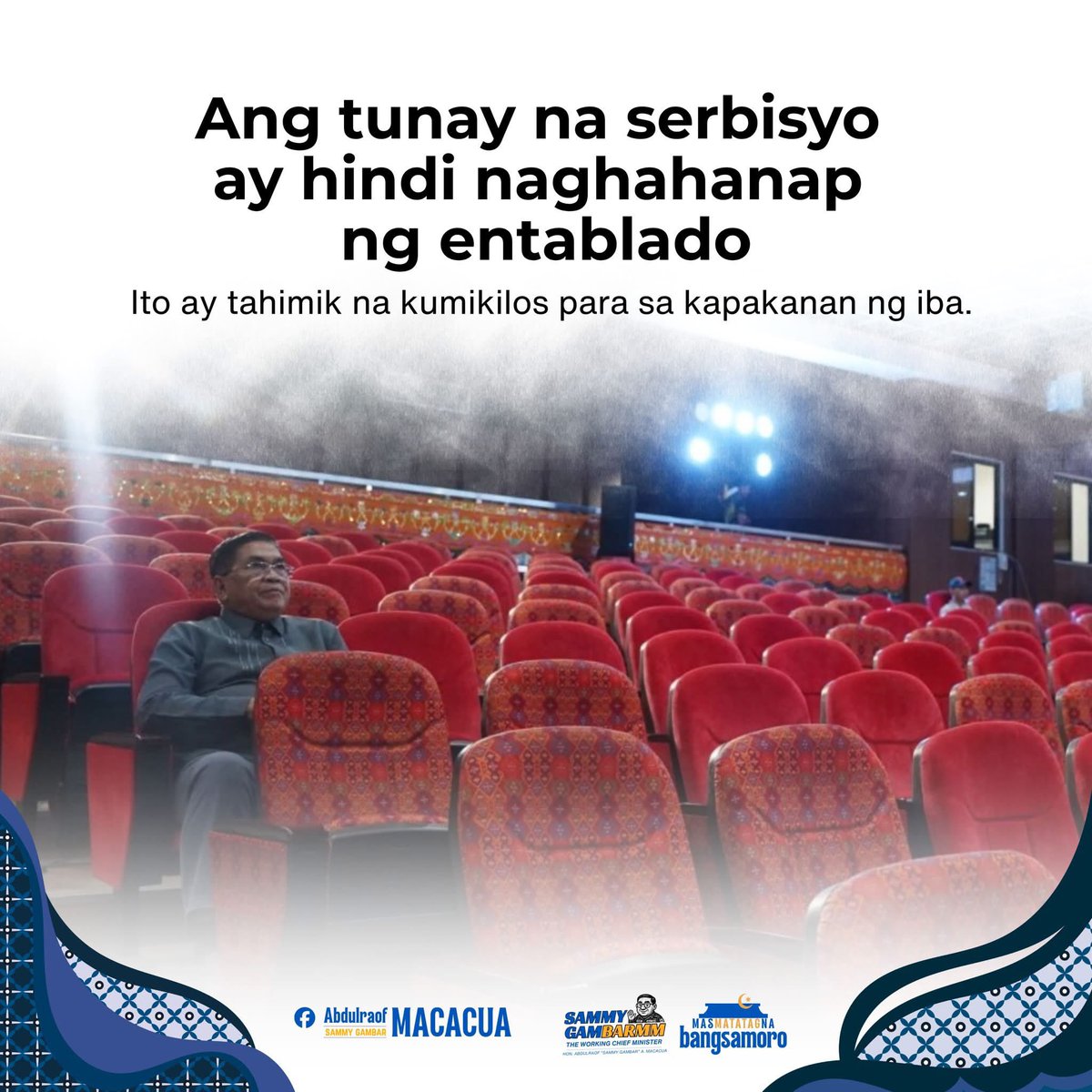 CMSammyGambar's tweet photo. Ang tunay na serbisyo ay hindi naghahanap ng entablado

Ito ay tahimik na kumikilos para sa kapakanan ng iba.

#SammyGamBARMM 
#MoralGovernance
#MasMatatagNaBangsamoro https://t.co/UZfz54zDz3