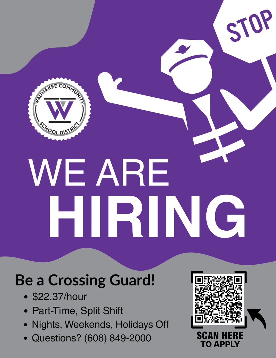WaunakeeCSD's tweet photo. We are hiring! Join our #WaunakeeWAY team to be a crossing guard. Join us: https://t.co/2Qaf8lpTOg https://t.co/w6uUn63pxu