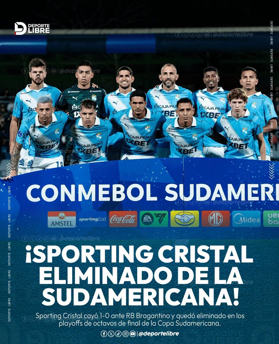 DeporteLibre_Pe's tweet photo. ¡SPORTING CRISTAL ELIMINADO DE LA SUDAMERICANA! 🔵⚽❌
Sporting Cristal 🇵🇪 cayó 1-0 ante RB Bragantino 🇧🇷 y quedó eliminado en los playoffs de octavos de final de la Copa Sudamericana. 🏆
#SportingCristal #RBBragantino #CopaSudamericana #FútbolPeruano #Celestes #Conmebol https://t.co/mq8LIfWem3