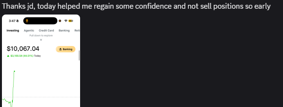 OnlyTrades365's tweet photo. This is the type of shit that happens in my #DISCORD. 3k in the 1st day of trade with me. You trade with me you tell the wifey to get the red panties out- Conor McGregor.
WHAT THE FUCK ARE YOU WAITING FOR> I AM GIVING OUT A 40% PROMO CODE. DM ME https://t.co/HEoC0xqu2k